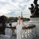 Valentina - Plunging Halter Feather Embellished Gown