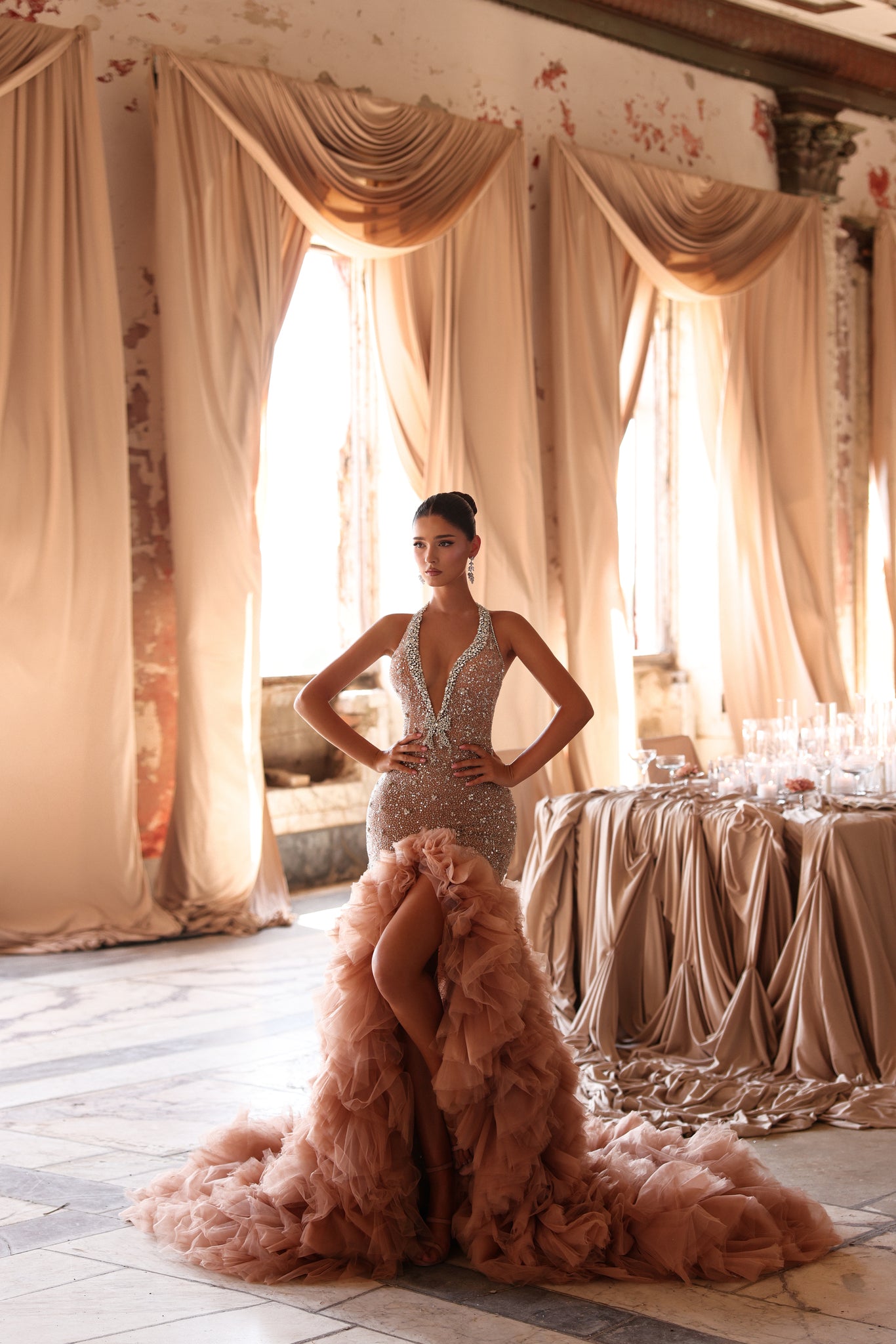 Elina - Ruffle halter embellished gown - FJOLLA HAXHISMAJLI OFFICIAL