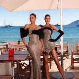 Elena - Multicolor crystal off shoulder gown