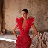 Juna - Feather plunge beaded gown