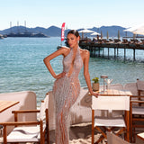 Donna - Halter crystal fringe gown