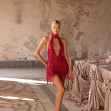 Neya - Beaded fringe halter mini
