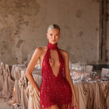 Neya - Beaded fringe halter mini